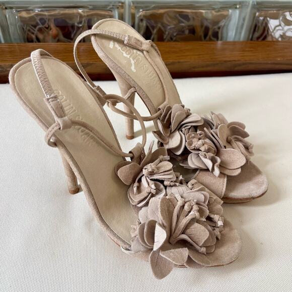 Colin Stuart Beige Suede Flower Slingback Peep Toe Heels Pumps 7.5 - Picture 2 of 8